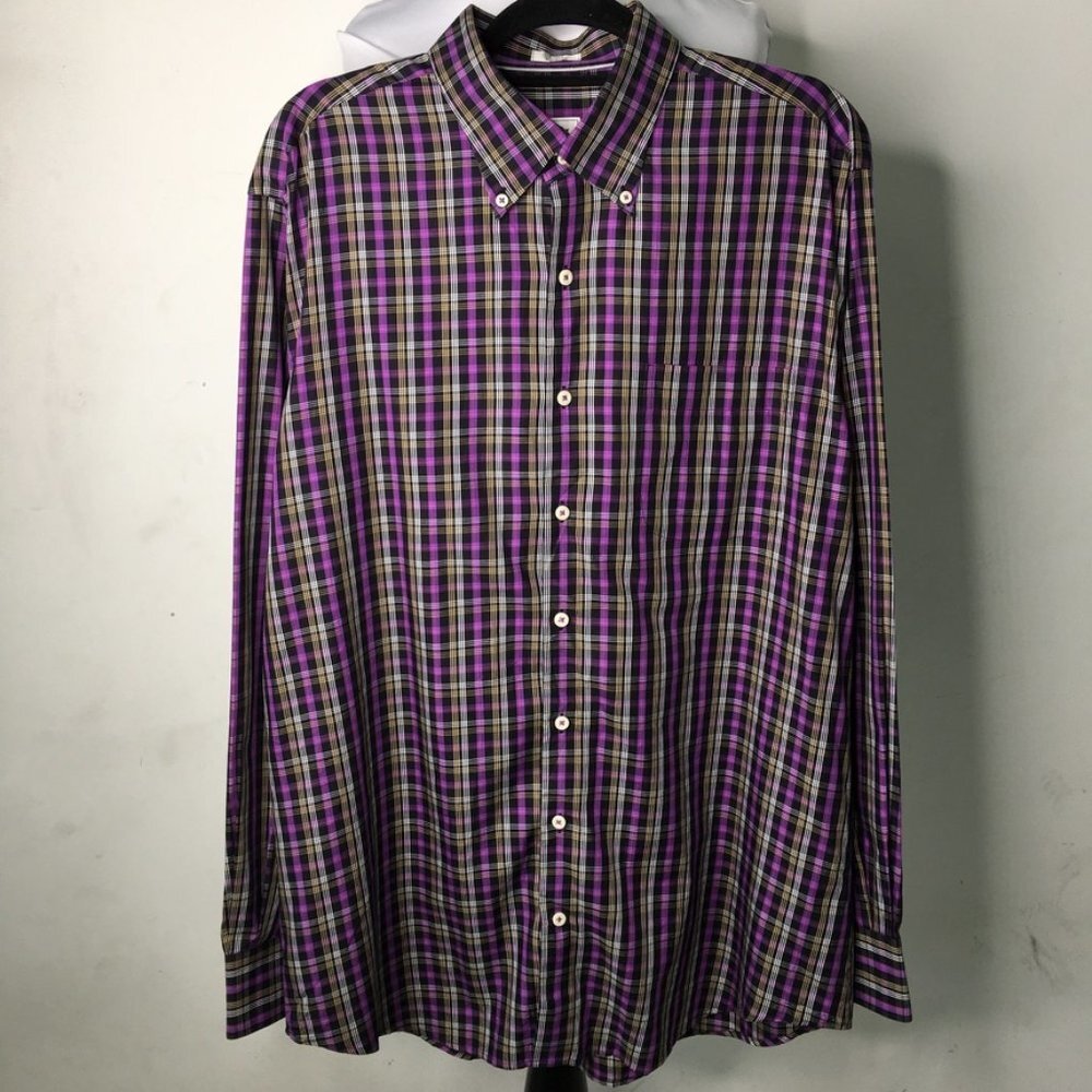 Peter Millar Men's Purple Black Long Sleeve Button Down Checks Shirt Size Large